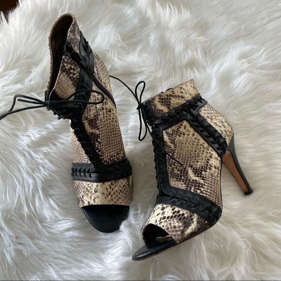 Cynthia Vincent | Magan Lace-Up Snake Embossed Leather Booties Stiletto Peep Toe - Picture 2 of 11